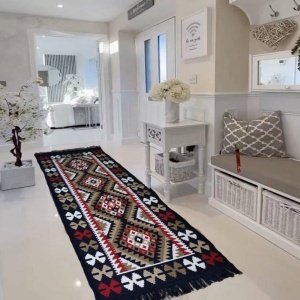 Covor traditional, cu doua fete,bleumarin-bej, dimensiunea 80x300 cm - Img 3