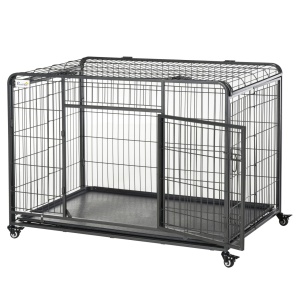 Cusca pentru caini pliabila cu roti si baza detasabila, metal/PP, 125x76x81 cm, tava 119x74x3 cm, usa frontala 54x56 cm, capacitate 80kg, gri inchis - Verificat A · Re-Bloom