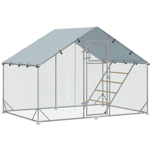 Cusca pentru gaini Re-Bloom, otel galvanizat/plasa otel/Oxford 420D, 300x200x195 cm, copertina 348x200 cm, 2 usi, stinghie 140x95 cm, argintiu - Verificat A · Re-Bloom - Img 1