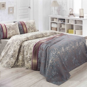 Cuvertura de pat, bumbac 100%, 140x200 cm, 260g/m², lavabil 30°C, gri/bej - Verificat A · Re-Bloom