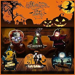 Decoratiune felinar de Halloween iluminat Ding Yongliang, lemn, LED, multicolor 23 x 23,5 cm - Img 8