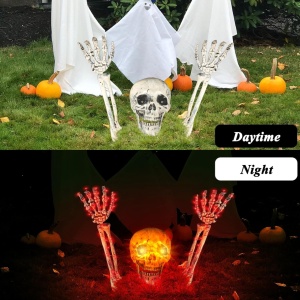 Decoratiune iluminata de Halloween  model schelet Geulieby, 3 piese, plastic, alb/rosu, 100 led-uri