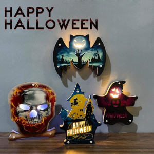 Decoratiune pentru Halloween, model dovleac, LED, lemn, 23,5 x 19,7 cm - Img 2