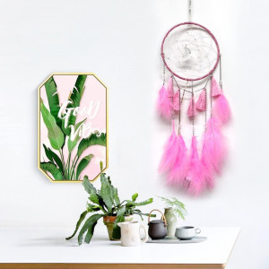 Decoratiune suspendata PLCatis, LED, metal/pene/lemn/bumbac, roz, 15 x 60 cm - Img 2