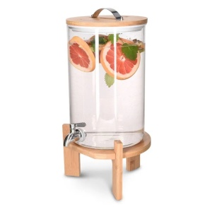 Dozator bauturi sticla borosilicata cu stand bambus, 7L, Ø20x30cm, inaltime totala 46.5cm, 3.5kg, robinet inox/silicon, capac bambus/inox, transparent/natur - Verificat A · Re-Bloom
