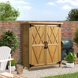 Dulap de gradina pentru unelte, lemn de molid/tabla zincata, 75x40x90 cm, 2 usi 31x76cm, 4 rafturi 34x30x20.5cm, compartiment stang 30x30x77cm, capacitate 10kg/raft, natural - Verificat A · Re-Bloom - Img 2