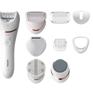 Epilator umed si uscat Philips Seria 9000 BRE740/90, 12 accesorii, 32 pensete, utilizare fara fir, 2 setari de viteza, opti-light, discuri ceramice, Argintiu, Resigilat, Grad A