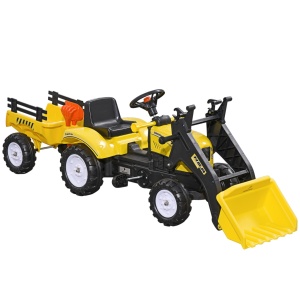 Excavator cu pedale pentru copii, metal/plastic, 167x41x52 cm, cupa frontala rotativa, remorca detasabila, 6 roti, capacitate 35kg, varsta 3+ ani, galben - Verificat A · Re-Bloom