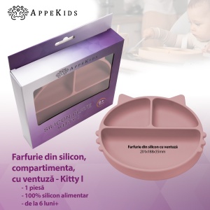 Farfurie compartimentata din silicon cu ventuza, AppeKids - Kitty - Old Rose - Img 2