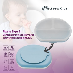 Farfurie compartimentata din silicon cu ventuza si capac, AppeKids - Aqua Blue - Img 3