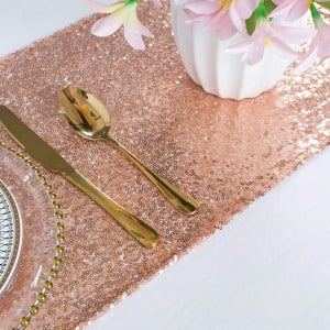 Fata de masa decorativa cu paiete ShinyBeauty, textil, rose gold, 180 x 30 cm 