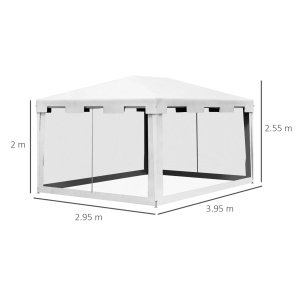 Foisor de gradina 4x3m, metal/PE, 395x295 cm, inaltime 200/255 cm, plasa tantari, 2 intrari, 4 franghii + 8 tarusi inclusi, alb/negru - Verificat A · Re-Bloom - Img 3