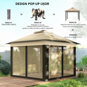 Foisor pliabil cu plasa de tantari si baldachin dublu, otel/Oxford/Mesh, 330x330x288 cm, streasina 198cm, pliat 21.5x21.5x116cm, 4 corzi + 8 cuie + geanta transport incluse, bej - Verificat A · Re-Bloom - Img 4