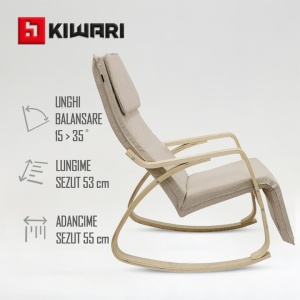 Fotoliu balansoar Kiwari® Zein, suport picioare, cadru metalic cu brate din lemn, 120x67x90 cm, material textil poliester, husa detasabila, Bej, Resigilat, Grad A - Img 5