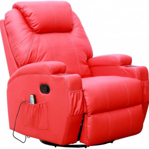 Fotoliu recliner Cinemo, cu masaj, incalzire, rotativ si cu suport pentru bauturi, piele naturala, rosu