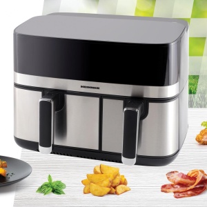 Friteuza dubla cu aer cald Heinner ProDual Fusion HAF-H9DB17BKS, Putere 1700W, Capacitate 8.6L, Control digital, 8 programe prestabilite, Gri/Argintiu - Img 3