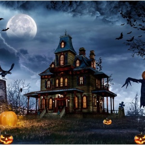 Fundal foto pentru Halloween Aiikes, model casa bantuita, vinil, multicolor, 210 x 150 cm