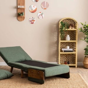 Futon fotoliu extensibil 77x70x82 cm, pat 190x70 cm, spatar 14 pozitii, tapiterie poliester, cadru metal, brate lemn, verde - Verificat A · Re-Bloom - Img 5