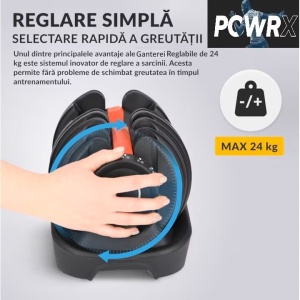 Gantera ajustabila, 15 setari de greutate, POWRX, maner antiderapant, pentru incepatori si intermediari, lungime 43 cm, 2.3 - 24 kg, Resigilat, Grad A - Img 2
