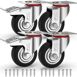 GBL set 4 roti universale otel, 75mm, pivotante 360°, 200kg, 2 frane, sigure toate tipurile pardoseala, negru/argintiu - Verificat A · Re-Bloom
