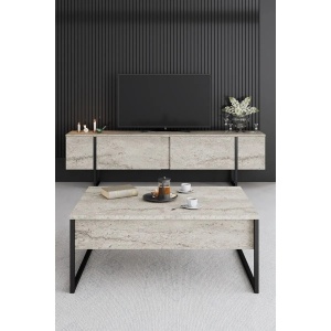 Hanah Home comoda TV 180x30x50 cm, PAL 18mm melaminat, picioare metal, travertin si negru - Verificat A · Re-Bloom - Img 5