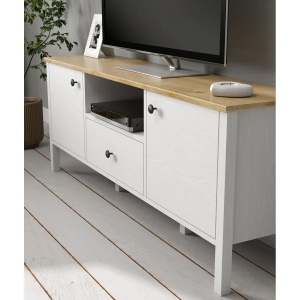 Hanah Home comoda TV living 150x58x35 cm, PAL 18mm, cant 0.8mm, picioare MDF, manere metal, lemn si alb - Verificat A · Re-Bloom - Img 4