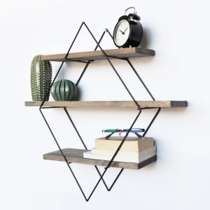 Hanah Home etajera de perete decorativa 60x60x14 cm, lemn de molid 100% lucrat manual, cadru de metal, nuc si negru - Verificat A · Re-Bloom - Img 2