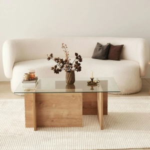 Hanah Home masa de cafea, sticla calita 100%/lemn masiv 100%, 105x65x40 cm, stejar safir - Verificat A · Re-Bloom - Img 2