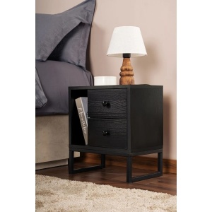 Hanah Home noptiera dormitor 45x30x50 cm, PAL 18mm, 2 sertare, picioare de metal, negru lemn si negru - Verificat A · Re-Bloom - Img 5