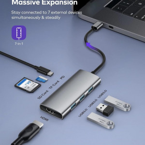 Hub USB-C 7-în-1 pentru iPad Pro/MacBook 	iSmart, cu 4K USB-C la HDMI, 3 porturi USB 3.0, cititor de carduri SD/TF, sursa de alimentare de 100 W