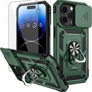 Husa de protectie cu inel compatibil cu iPhone 14 Pro HWeggo, policarbonat/poliuretan, verde, 6,1 inchi - Img 1