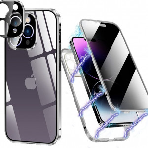 Husa de protectie pentru iPhone 14 Pro ZJRUI, magnetica, sticla securizata/metal, argintiu, 6,1 inchi