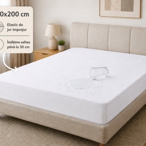 Husa saltea impermeabila 100% Frotir, acoperire integrala, alba, dimensiunea 160×200 cm+30 cm