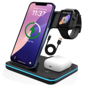 Incarcator Wireless REVOSE™, Statie Incarcare 3 In 1 Qi Fast Charger 15W Incarcare Rapida Compatibil Cu Apple Watch, Airpods, Iphone Android Samsung Huawei Xiaomi, Cablu inclus, Black