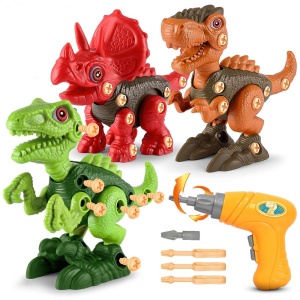 Jucarie educativa si interactiva STEM, set de constructie 3 Dinozauri Velociraptor, Triceraptor, Tyrannosaurus din ABS cu bormasina pentru inginerie, +3, WA1501