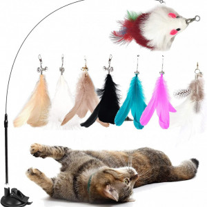 Jucarie interactiva pentru pisici cu 8 capete de inlocuire, metal/plastic/pene, multicolor, 76 cm - Img 1