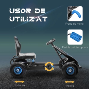 Kart cu pedale pentru copii cu scaun reglabil si frana de mana, PP/metal, 121x58x61 cm, scaun 35x28x35cm, roti cauciuc Φ28cm, capacitate 50kg, certificat EN71, varsta 3+/recomandat 5-12 ani, albastru/negru - Verificat A · Re-Bloom - Img 5
