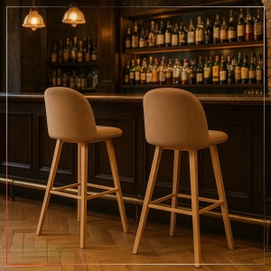 Kiwari Tan set 2 scaune bar/bucatarie, textil/spuma + cadru metalic aspect lemn, 40x40x105cm, inaltime sezut 75cm, capacitate 120kg, spatar ergonomic, suport picioare, maro - Verificat A · Re-Bloom - Img 3