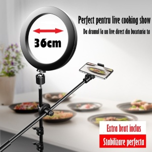 Lampa Circulara Ring Light REVOSE™ cu Extra Brat, Diametru 36cm/14inch LED, Lumina Naturala/Rece/Calda, Trepied 210 cm Inclus, Telecomanda Bluetooth - Img 2