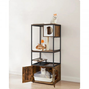 Loc de joaca pentru pisici Feandrea, PAL/metal, maro rustic/negru/alb, 61 x 50 x 146 cm