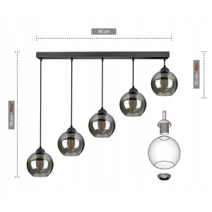 Lustra tip pendul Ashtabula, 5 lumini, metal/sticla, negru/gri fumuriu, 80 x 15 x 70 cm