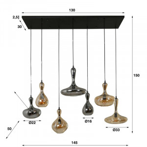 Lustra tip pendul Catrinna, 7 lumini, metal/sticla, negru/chihlimbar/gri, 145 x 50 x 150 cm