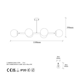 Lustra tip pendul Luper, 6 lumini, metal/sticla, auriu/alb, 110 x 35 cm