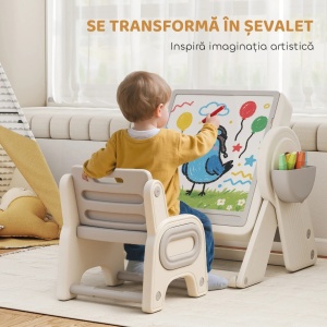Masa multifunctionala pentru copii cu raft, sertare si tabla, HDPE/PP, masa 88x61x58cm + scaun 40x37x47cm, varsta 2-4 ani, capacitate 10kg masa/30kg scaun, 2 cutii depozitare incluse, gri/alb - Verificat A · Re-Bloom - Img 4