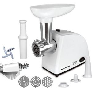Masina de tocat Heinner MG-W1200R, Putere 1360W, 1.5kg/min, Accesoriu rosii, Accesoriu carnati, Cutit inox, 3 site taiere, Alb