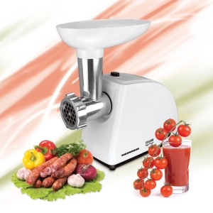 Masina de tocat Heinner MG-W1200R, Putere 1360W, 1.5kg/min, Accesoriu rosii, Accesoriu carnati, Cutit inox, 3 site taiere, Alb - Img 3