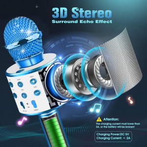 Microfon profesional wireless karaoke cu Bluetooth DEVRNEZ , albastru, difuzor, radio FM, USB TF, inregistrare sunet, acumulator, 25 x 9,5 cm 