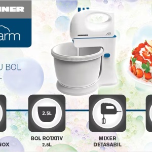 Mixer cu bol Heinner Charm HMB-350BL, Putere 300W, 5 viteze + turbo, Alb/Albastru - Img 2