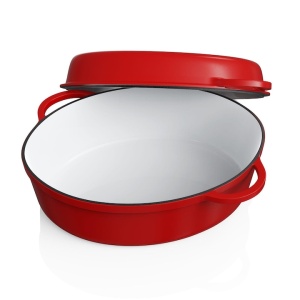 Oala cu capac Steinzeitwerk din fonta emailata, 6 l, 8kg, 2in1, pentru cuptor, plita, gaz, electric, cu inductie, ovala, 35x25x17 cm, Rosu, Resigilat, Grad A - Img 5
