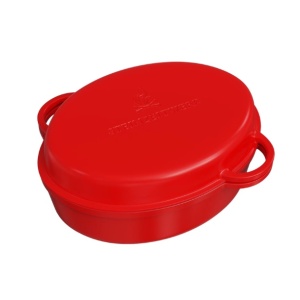 Oala cu capac Steinzeitwerk din fonta emailata, 6 l, 8kg, 2in1, pentru cuptor, plita, gaz, electric, cu inductie, ovala, 35x25x17 cm, Rosu